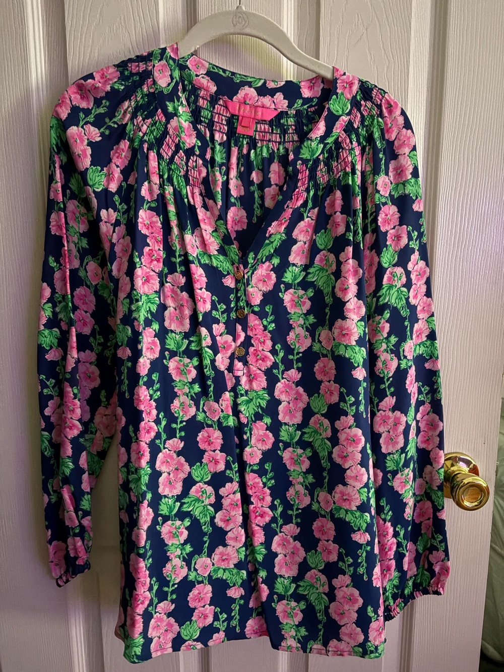 Lilly Pulitzer Navy Blouse with Pink Floral Print